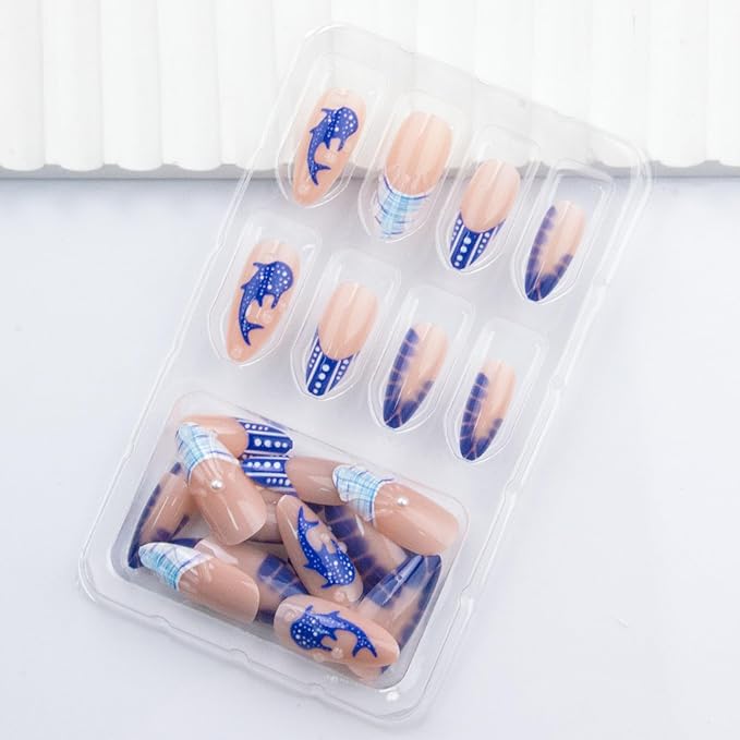 Almond Press on Nails Medium Summer Fake Nails Blue French Tip False Nails Press ons Ocean Fish Acrylic Nails Glossy Glue on Nail for Women Manicure 24Pcs