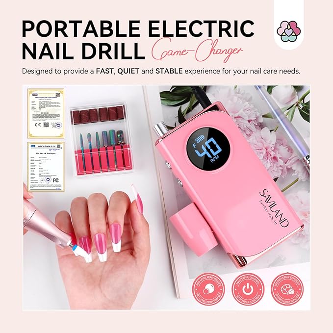 SAVILAND Electric Nail Drill Professional: 40000RPM Pink Rechargeable Portable Electric Nail Filer with 6000mAh Battery, for Shaping, Removing & Polishing Acrylic Nails Home Salon Manicure Gift