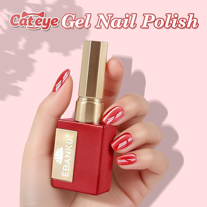 EBANKU Christmas Red Cat Eye Gel Nail Polish, Cat Eye Gel Polish with Magnet 15ML 0.5 OZ Holographic Glitter Shimmer Translucent Jelly Color Magnetic Polish Salon DIY at Home