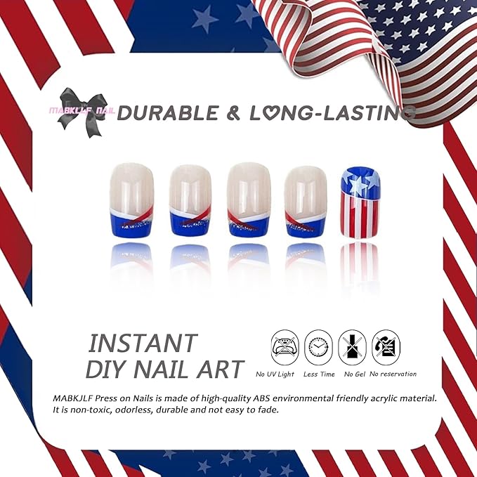 4th of July Press on Nails Medium Square MABKJLF Blue French Tip Fake Nails Stars False Nails with Stripes Glitter Designs Glossy Glue on Nails Acrylic Nails for Women Girls 24 Pcs