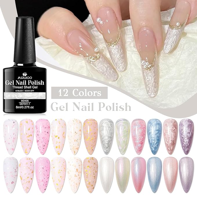 12Pcs Rubber Base Gel Polish, Builder Gel Nail Polish Gold Foil Pink Structure Quick Extension Gel + Pearl Gel Nail Polish Pink Blue Purple Swirl Shell Thread Effect Manicure Kit