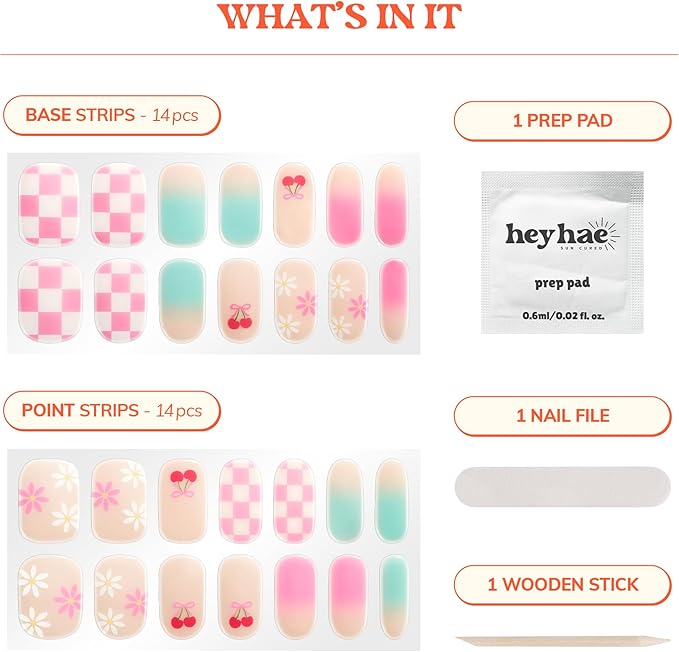 Heyhae Semi Cured Gel Nail Strips | No LED Lamp Needed | Summer, Ombre, Cute | Easy Apply & Remove, Salon Quality | Includes 28 Strips, 1 Prep Pads, Nail File & Wooden Stick - Hey, Sweet Treat