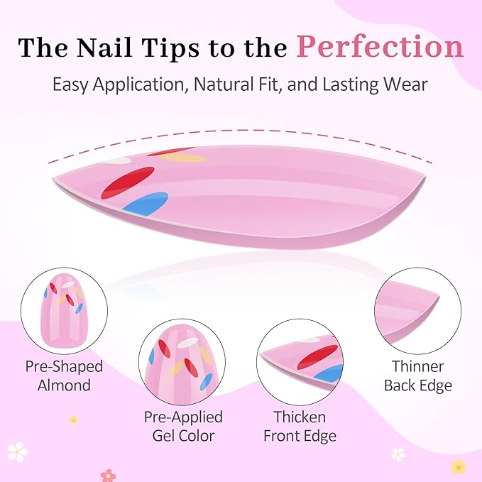 16 Sizes Press on Nails Kit for Kids - 32 Pieces French Almond Fake Nail Tips for Girls 8-12 Years Old with Jelly Nail Adhesives & No-Lamp Nail Glue, Birthday Gifts Easter(Pink Ice Cream)