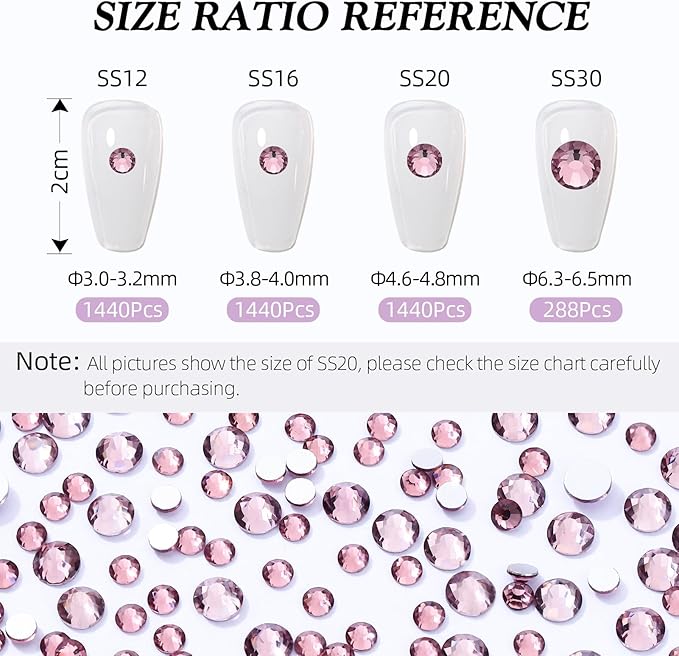 Light Amethyst Flatback Rhinestones, Glass Rhinestones for Nail Art and Craft, Glue Fix, Loose Crystal Gemstones(Lt.Amethyst, SS20, 1440pcs, 4.6-4.8mm)