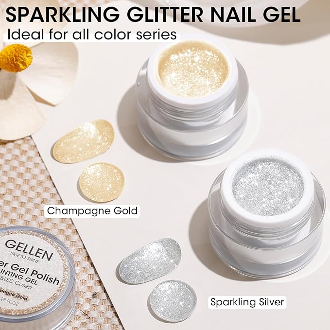 GELLEN Painting Gel for Nails, Metal Platinum Reflective Glitter Gold Gel Polish Drawing French-tip Floral Painted Liner Soak Off Lamp Cured for Salon DIY Nail Art, Hema-free, Champagne & Silver