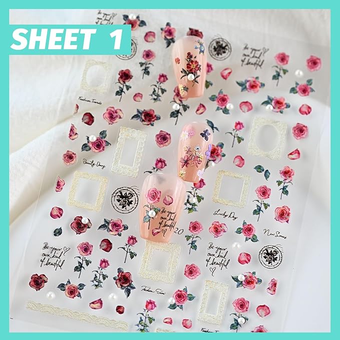 Rose Flower Nail Art Stickers Pearl Rhinestones Embossed Vintage Nail Decals for Nail Art Design Self-Adhesive Nail Accessories for Women Nail Art Supplies 3 Sheets