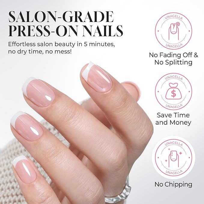 UNA GELLA 32Pcs Soft Gel Press on Nails - 16 Sizes Silver Mirror French Tip Short Square Glue on Nails, Reusable Metallic Chrome False Nails, Full Cover Acrylic Nail Kit for Women DIY Home Manicure