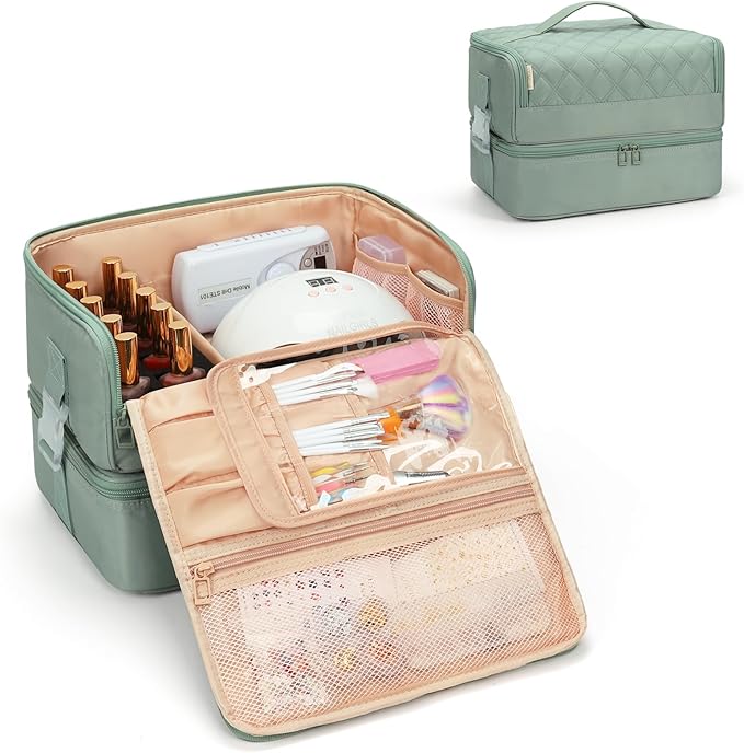 OCHEAL Nail Polish Organizer, Holds Nail Lamp and 45+ Bottles,3 Usage Modes Detachable Nail Storage Bag Travel Nail Tech Case Holds Nail Kit Stuff Manicure Tools -Green