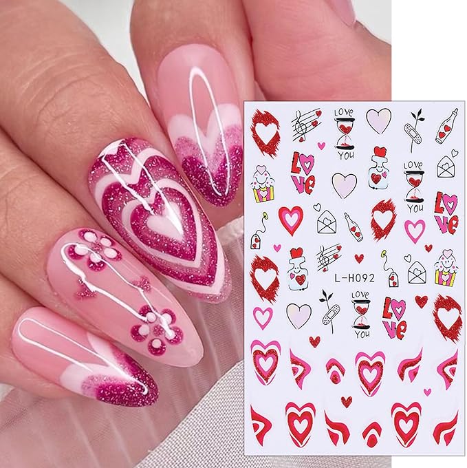 6 Sheets Valentines Nail Stickers for Nail Art Romantic Heart Nail Art Stickers Red Lips Rose Nail Decals 3D Self-Adhesive Envelope Love Hearts Valentine Nail Decorations for Women DIY Holiday Nails