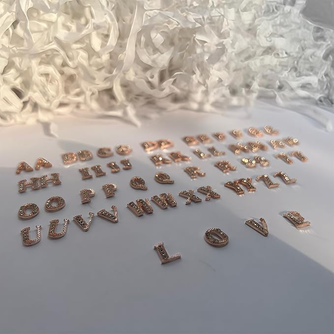 52 Pcs 3D Rose Gold Nail Charms Letters Initial Charms for Nails Nail Letter Charms Alphabet Rhinestone Letter Nail Charms for Nail Art Design Decoration DIY Craft