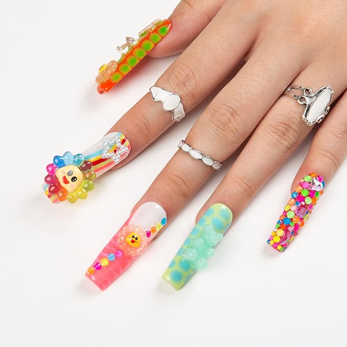 LOVFUL Press on Nails Lovkashi Flower | Handmade with Full Covered Crystals | Reusable Fake Nails | Square Mid length 1.7in | H65-L