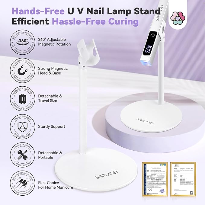 SAVILAND U V Nail Lamp Stand: Sturdy Only U V Light Stand for Gel Nails Polish 360° Adjustable Magnetic Rotation U V Nail Light Stand Portable Handsfree Builder Nail Gel Lamp Stand Home Salon Manicure