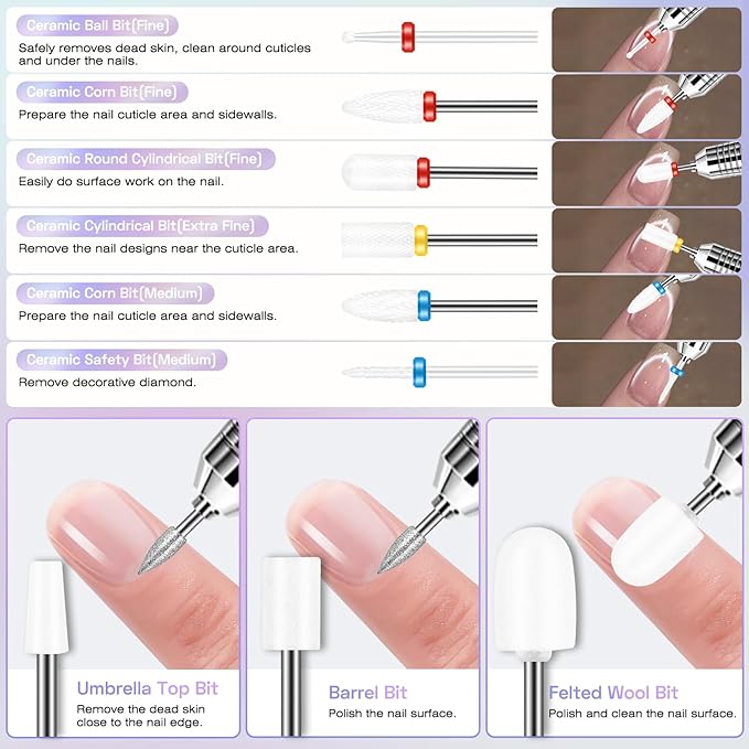 30PCS Nail Drill Bits Set with Holder Case, 3/32 Inch Professional Efile Cuticle Nail Bits for Nail Drill, Ceramic Diamond Carbide Drill Bits for Acrylic Gel Removal Polish Nail Tech