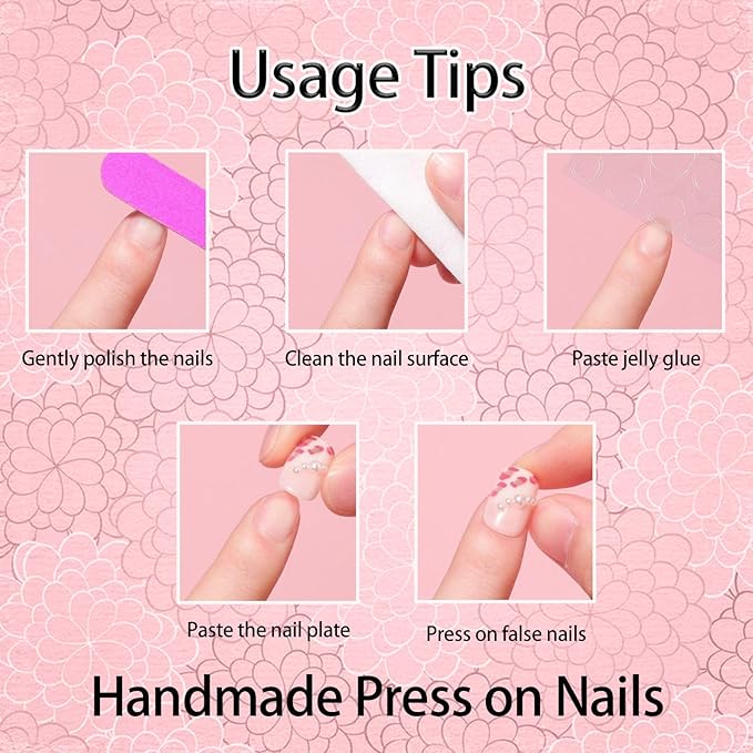 10Pcs Pink Handmade Press on Nails Duck Fake Nails French Tip False Nails with 3D Heart Butterfly Rhinestone Design Handmade Acrylic Nails Press ons Medium Reusable Stick on Nail for Women (S)