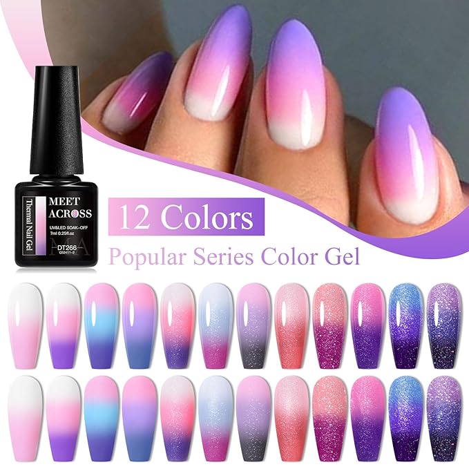 MEET ACROSS 12Pcs Color Changing Gel Nail Polish Set Temperature Mood Changed Glitter Nail Polish Gel Pink Purple Blue Gel Polish DIY Salon Gift for Women