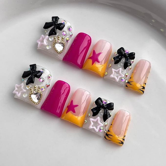 French Tip Press on Nails Handmade Short Duck 3D Thick Acrylic Nails Cute False Nails with Bow Stars Rhinestones Zebra Print Designs Kawaii Glossy Fake Nail Sturdy Art Press on Nail 10Pcs(S)