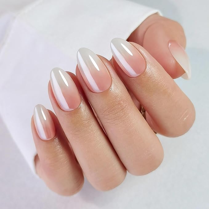 Press On Nails - Café Latte | Chrome Ombre French Tip, UV Finish Almond Nails, Salon Quality | 32 Nails, 16 Sizes Kit with Glue and Adhesive Tabs I Female Founded