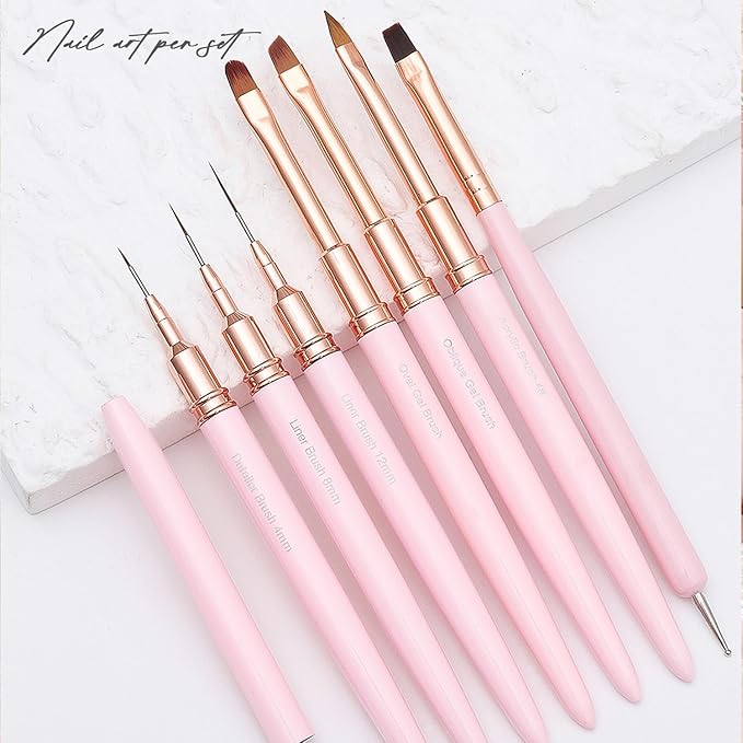 WOKOTO 7 Pcs Pink Nail Brushes For Acrylic Nails Brushes Painting Detail Nail Brushes For Nail Art Tools Dotting Drawing Tools Fine Line Nail Liner Acrylic Brushes For UV Gel Nails Polish Brushes