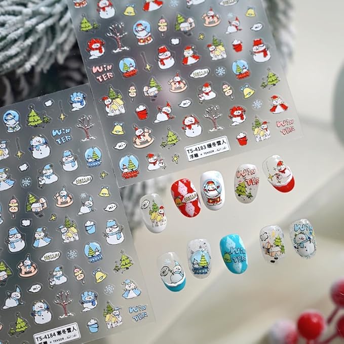 Christmas Nail Stickers 3D Self Adhesive Blue Snowman Nail Art Stickers 5D Embossed Christmas Tree Nail Decals Winter Snowflake Nail Art Supplies Xmas Holiday Nail Design for Women Girls 1 Sheets