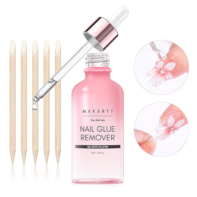 Makartt Press on Nail Glue Remover: 50ML Quick Glue Debonder | Easy Removal with a Dropper Applicator | Updated Formula with Vitamin E | No Acetone/Hema | For Fake Nails,Semicure Stickers,Large