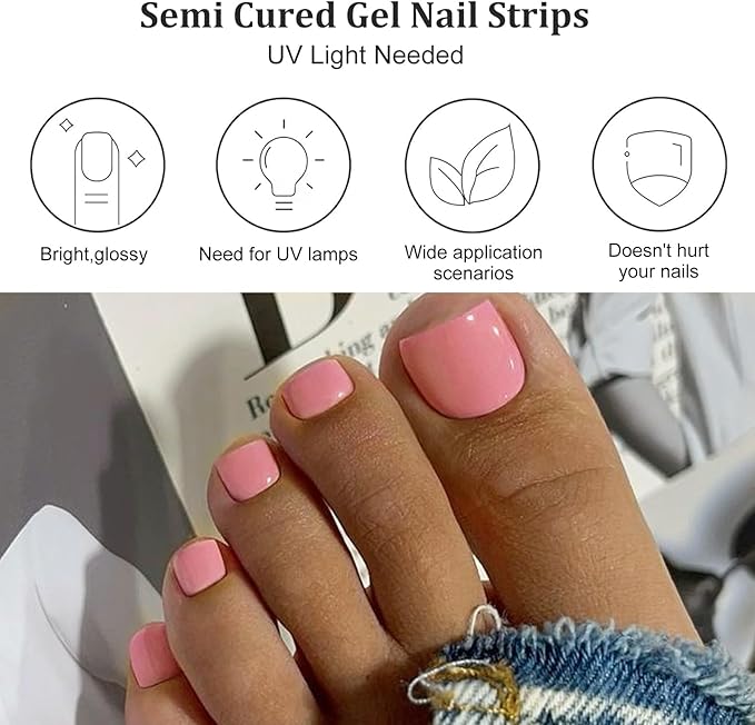 26 Pcs Pink Semi Cured Gel Toe Nail Strips Pink Gel Nail Stickers Full Cover Nails Wraps Self Adhesive Toe Nails Polish Strips Stickers for Women UV/LED Light Required