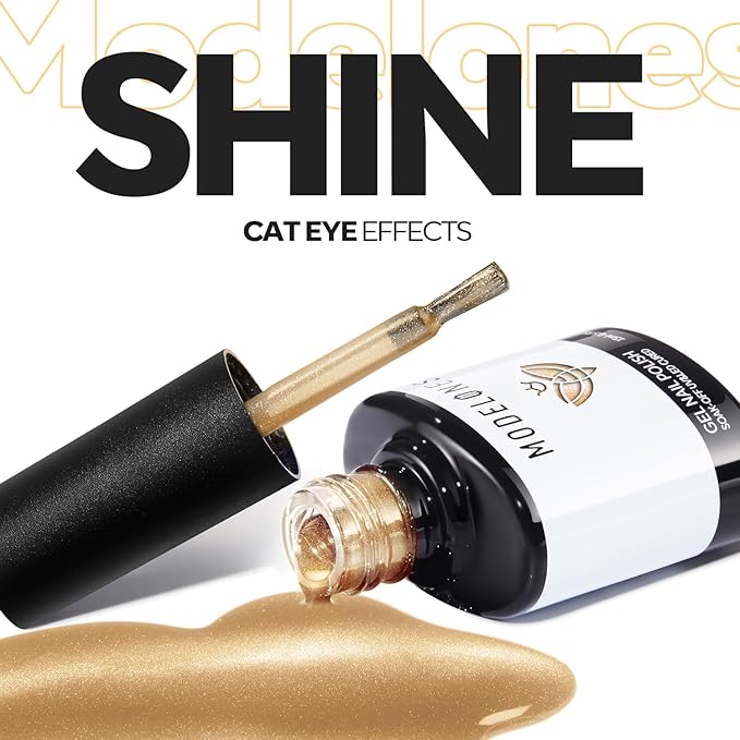 modelones Nude Cat Eye Gel Nail Polish Gold Glitter Pink Cat Eye Gel Polish Clear 9D Holographic High Density Crystal Nail Polish with Magnet Soak Off U V Shimmer Polish Nail 15ML