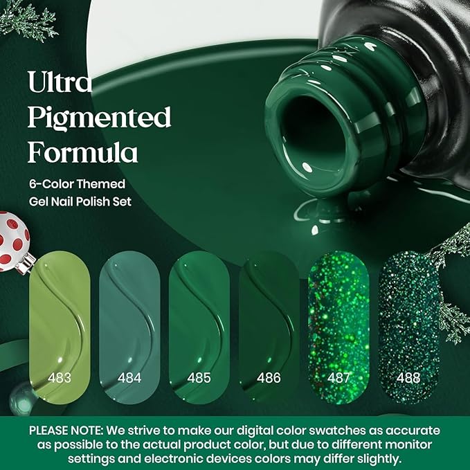 Beetles Green Gel Polish Set - 6 Color Spring Jelly Glitter Green Sparkle Gel Nail Polish Set, Soak Off UV Nail Lamp Avocado Dark Carnival Nail Art Design Home Salon St Patricks Gifts for Women