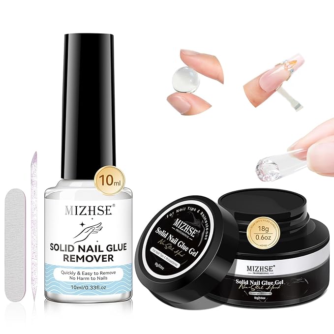 MIZHSE Solid Nail Glue Gel and Glue Remover, Strong Adhesion 18g Solid Gel Glue Kit for Acrylic Fake Nails and Nail Tips 10mL Press on Nails Remover Easy Removal