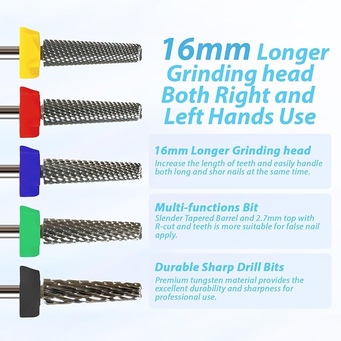 16mm Long Tapered Barrel Nail Drill Bit, 3/32” Safety Tungsten Carbide E-File Bit for False Nail Application, Press-On Tip Apply Nail Extension, Gel & Acrylic Removal, Two-Way Rotation, Extra Coarse.