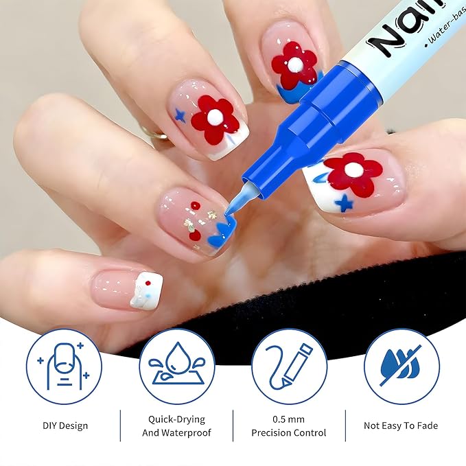 12 Colors Fine Tip Nail Art Pens, 0.6mm Nail Marker Pens for 3D Nail Drawing, Dotting, Graffiti & Painting — Quick Dry Nail Art Liner Pens for Home & Salon