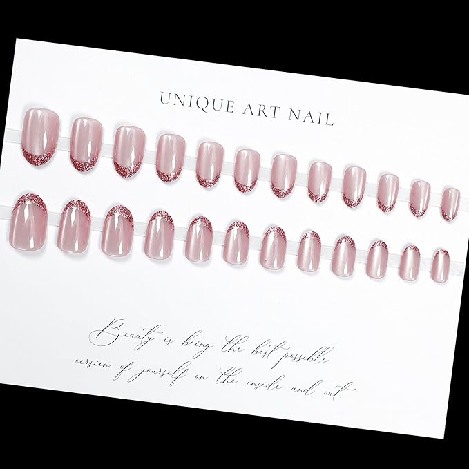 Short Almond Press on Nails French Tip Nude Pink Fake Nails Cat eye Glitter Stick on Nail for Women 24pcs