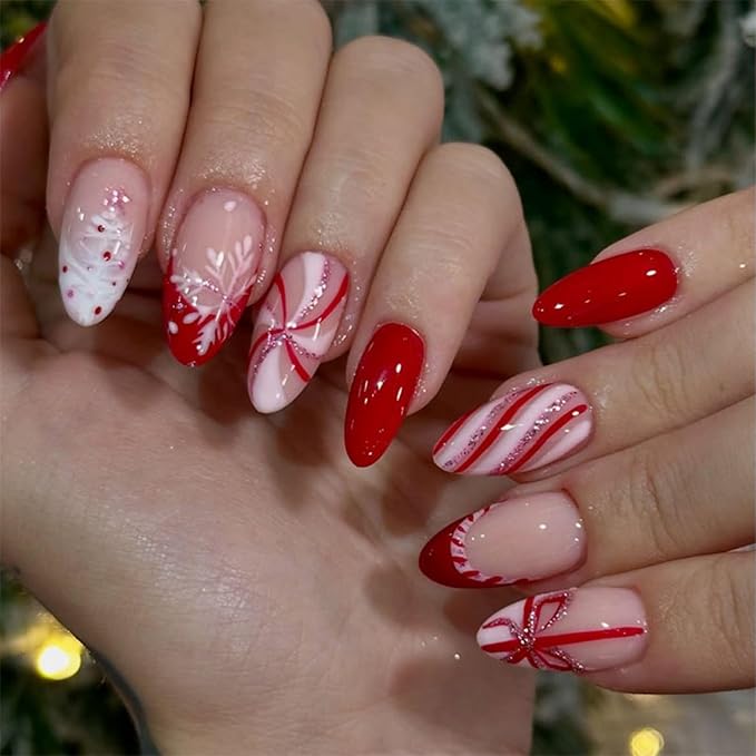 Press On Nails Almond Christmas, Press on Nails Short, Glue On Nails for Women Gift, Supremely Fit Natural Reusable Stick On Nails in 12 Sizes -24 Fake Nails Kit, Ribbon Snowflake