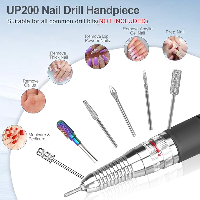 Nail Drill Handpiece for UP200 Machine, Compatible with KUPA KP55, KP60, KP5000, HoMove 35000RPM Professional Electric Nail File Handle Replacement 3 Pins, Low Noise and Comfortable (Only Handpiece)