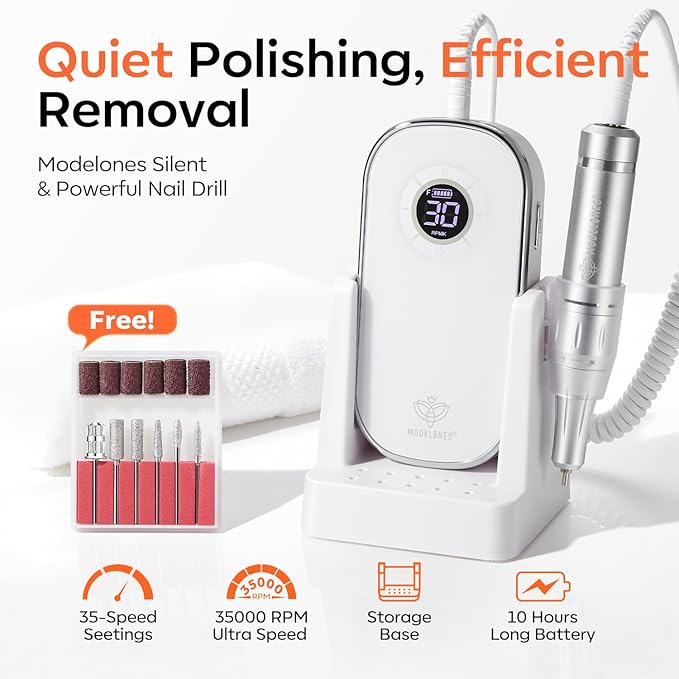 Modelones Professional Electric Nail Drill, 42000 RPM Portable Cordless Touchscreen 10h+ Runtime Rechargeable Nail Drill Kit with Storage Stand and 6 Drill Bits for Acrylic Nails Gel Removal