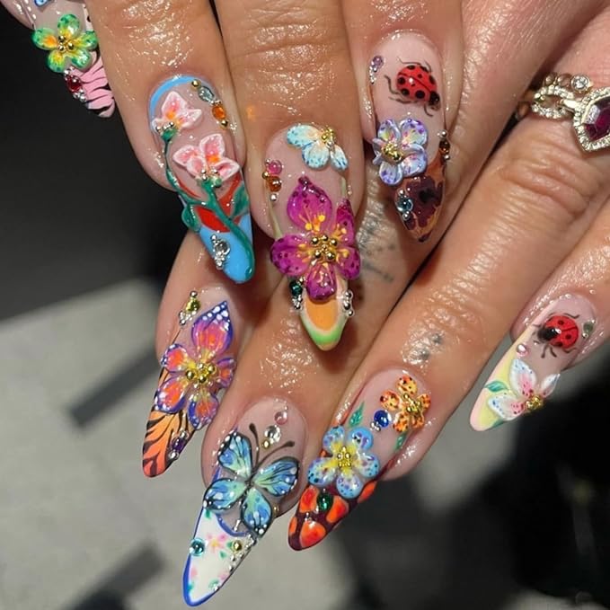 Long Press on Nails Almond Fake Nails French False Nails Flowers Artificial Nails with 3D Floral and Futterfly Designs Glossy Hanmade NailsColorful Stick on Nails for Women 24pcs