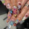 Long Press on Nails Almond Fake Nails French False Nails Flowers Artificial Nails with 3D Floral and Futterfly Designs Glossy Hanmade NailsColorful Stick on Nails for Women 24pcs