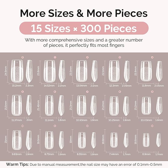 MelodySusie Square Gel Nail Tips Kit-300Pcs Pre-Building Apex Fake Nail Tips 20g Solid Nail Glue Gel,Half Matte Full Cover Clear Acrylic Nail,15Sizes Thick Strong Long Lasting for Home DIY&Salon