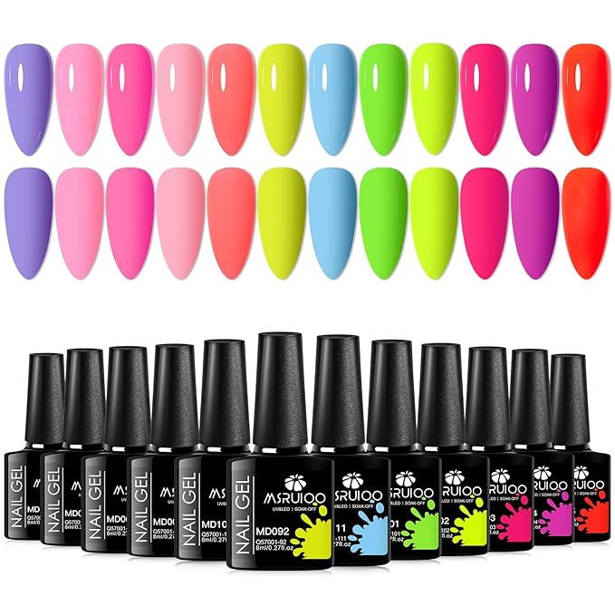 12PCS Bright Gel Nail Polish Kit - Purple, Pink, Green, Rainbow - All Season Fun DIY Manicure Kit