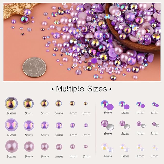 80g Flatback Pearls and Rhinestones for Crafting, Purple 3-10mm Resin Rhinestones and Half Pearls for Bedazzling, Nail Art and Dec with 3pcs 10ml B7000 Jewelry Glue, Tweezer and Pickup Pencil