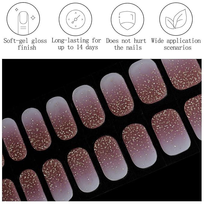 16Pcs Semi Cured Gel Nail Strips Ombre Pink Gel Nail Stickers Gold Glitter Nails Wraps UV/LED Light Needed Glossy Nails Polish Strips for Women Includes Prep Pads, File, Wooden Cuticle Stick