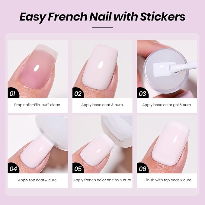 Beetles French Tip Gel Polish - Peach Mousse 15ML with French Tip Stamp, Hema Free White Light Pink Gel Nail Polish, Same Color Bottle, Soak Off UV LED Lamp French Nail Kit Art for Spring Nails