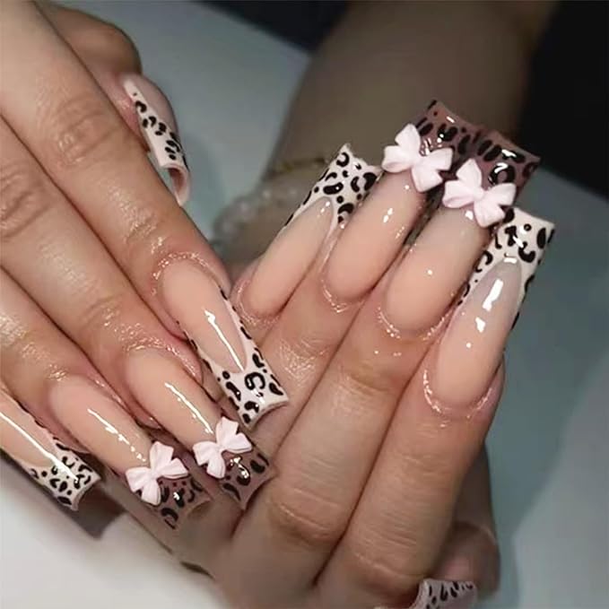 Long Square Press on Nails Fake Nails Artificial Nail Stick on Nail for Women Black White Leopard Print with Cute Pastel Pink Bow Knots Design