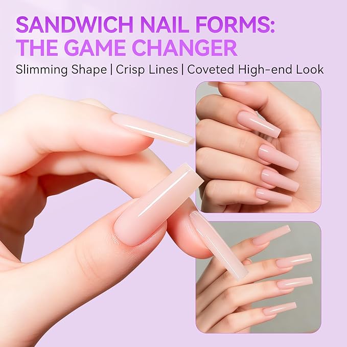 Gelike EC Sandwich Dual Nail Forms: Save 70% Times for Reusable Nail Extensions - Long Coffin Nails Mold for Building Gel/Polygel/Acrylic - 240Pcs 15 Sizes Trim To Fit Short/Medium/Long Styles