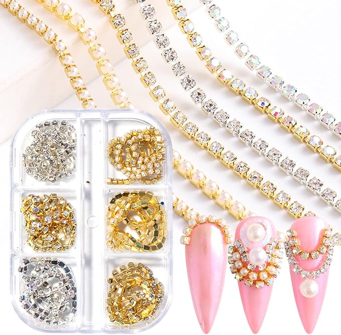 Metal Nail Art Chains Decorations, Gold Silver Nail Art Line Accessories, Punk Luxury Pearl Gem Nail Art Glitter Design, 3D Nail Art Chain Supplies for Women Manicure Art, Resin Nail Art Tips Tools