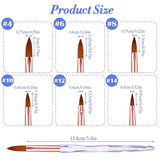 Acrylic Nail Brush Set 6 Size 4, 6, 8, 10, 12, 14 Professional Manicure Brushes for Acrylic Powder Application, 3D Extension & Carving Kolinsky Nail Art Brushes for DIY Home Salon Tools
