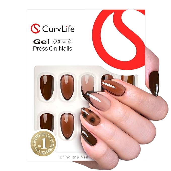 CurvLife Medium Almond Press On Nails, Soft Gel Salon Quality Fake Nails, Nude Pink Brown Tortoiseshell Design, Reusable Full Cover Press Ons for Women