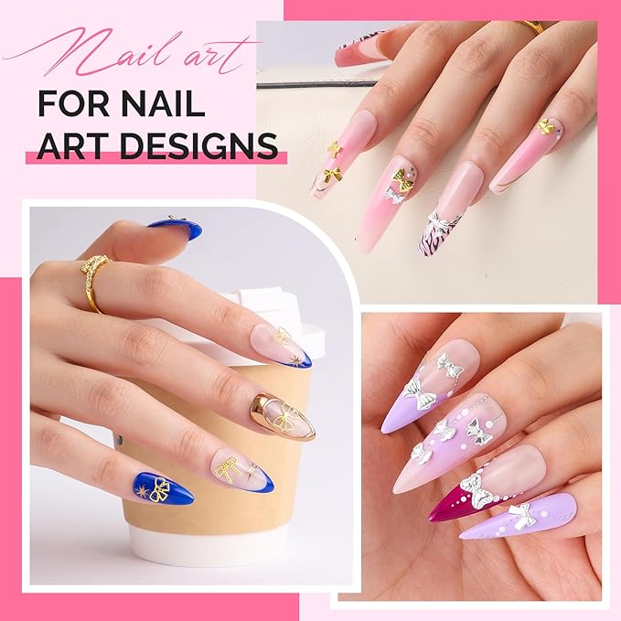 MelodySusie 3D Nail Charms and Gems, 2 Acrylic Boxes Bowknot Golden Silver Alloy Butterfly Bow Nail Art Studs With Tweezer for Y2K Manicure Nails Design Supplies DIY Crafts Decoration