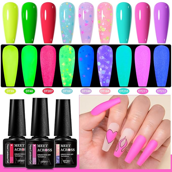 MEET ACROSS 9 Colors Gel Nail Polish + 3PCS Function Gel Nail Polish Kit,Fashion Nail Art Set Design Gifts for Women Manicure Salon (SET17, 12pcs)
