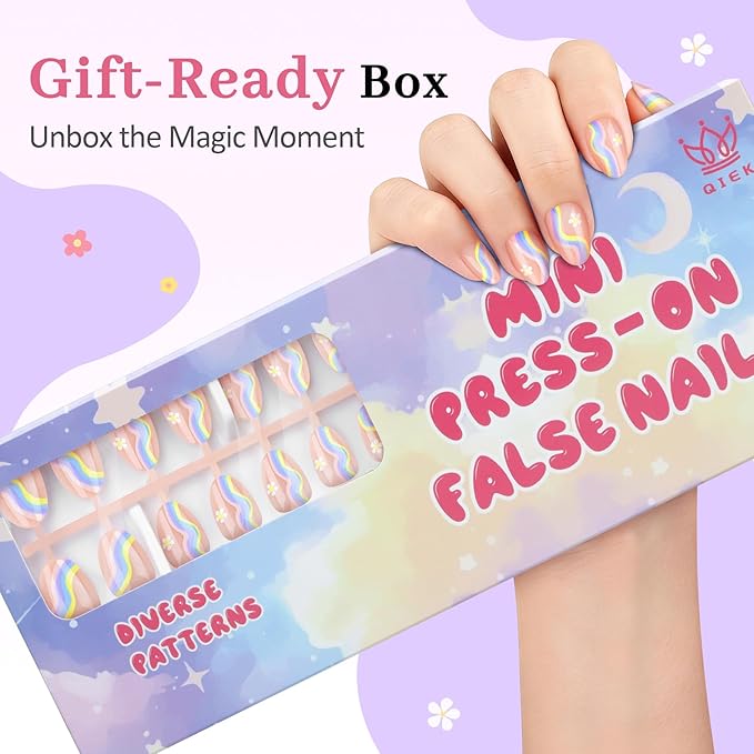 16 Sizes Press on Nails Kit for Kids - 32 Pieces French Almond Fake Nail Tips for Girls 8-12 Years Old with Jelly Nail Adhesives & No-Lamp Nail Glue, Birthday Easter Gifts (Rainbow Flower)