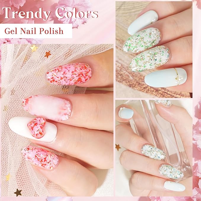 MEET ACROSS 9Pcs Glitter Gel Nail Polish Set Petal Gel Polish Kit with 1Pc Nail Brush, Soak Off Nail Art Design Salon at Home DIY Manicure Kit Gifts for Women Girls 8 Colors